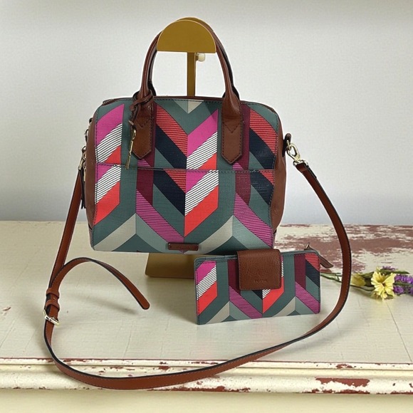 Fossil Handbags - Fossil Geometric Print Satchel Crossbody Bag and Wallet Set Brown Leather Trim